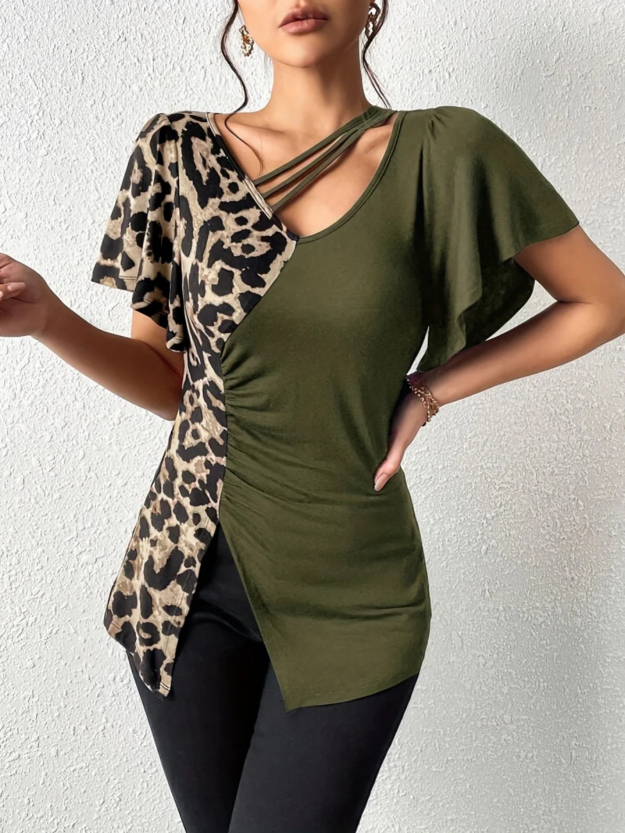 Splicing Stripes Asymmetrical Leopard Print T-shirts - Image 6