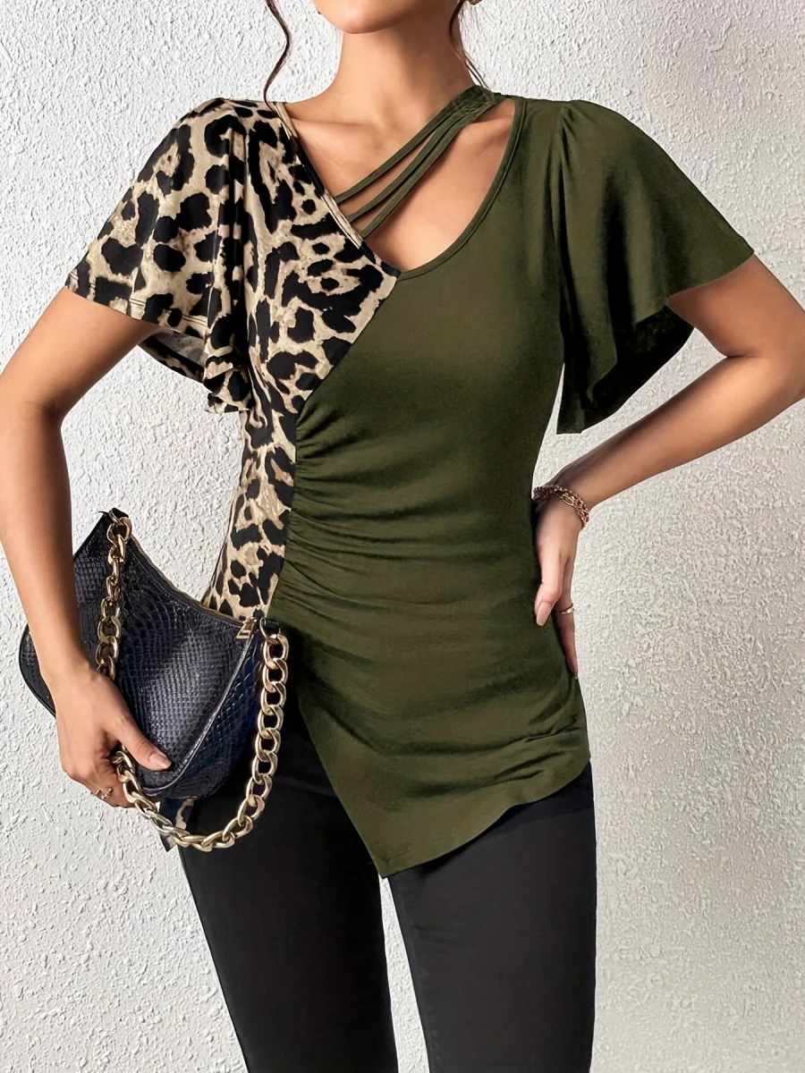 Splicing Stripes Asymmetrical Leopard Print T-shirts - Image 7