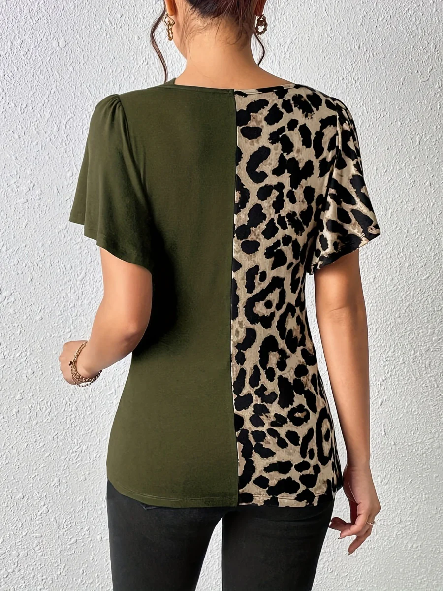 Splicing Stripes Asymmetrical Leopard Print T-shirts - Image 8