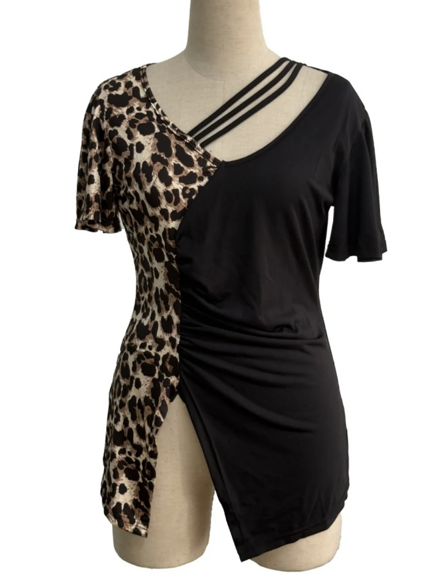 Splicing Stripes Asymmetrical Leopard Print T-shirts - Image 9