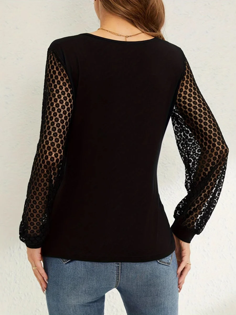 Lace Splicing Loose-fit V-neck Chiffon Blouse - Image 4