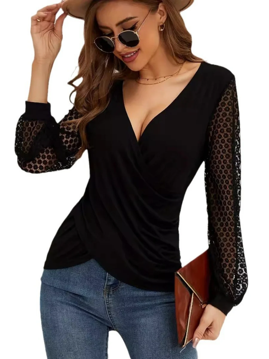 Lace Splicing Loose-fit V-neck Chiffon Blouse - Image 5