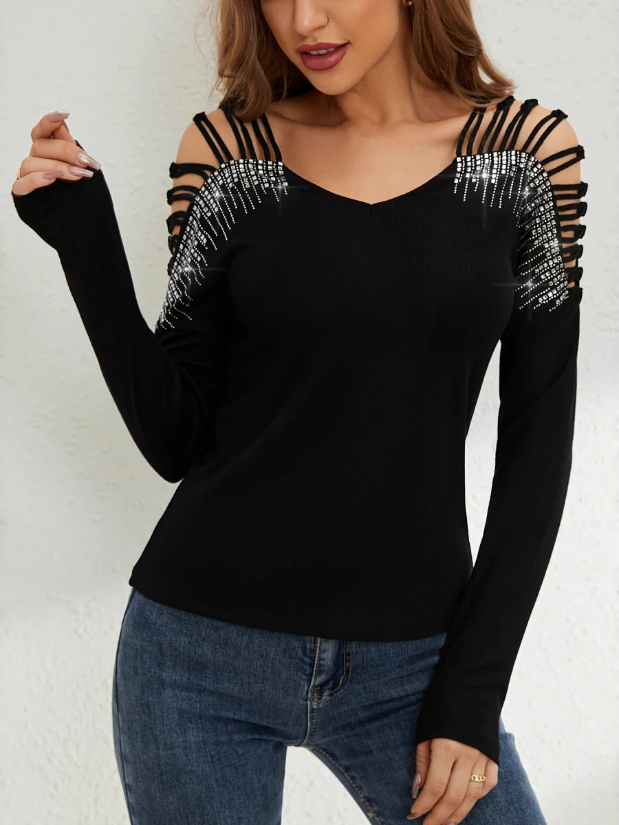 Rhinestone-studded Off-shoulder Hollow T-shirts - Image 4