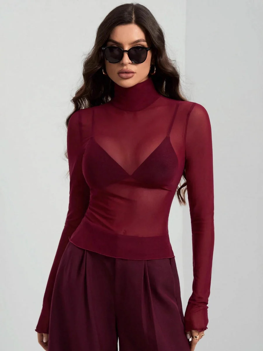 Headband Perspective Turtleneck Slim Fit Party And Nightclub Outfits With Mesh/see-through Tops - Image 2