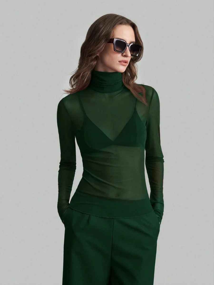 Headband Perspective Turtleneck Slim Fit Party And Nightclub Outfits With Mesh/see-through Tops - Image 3