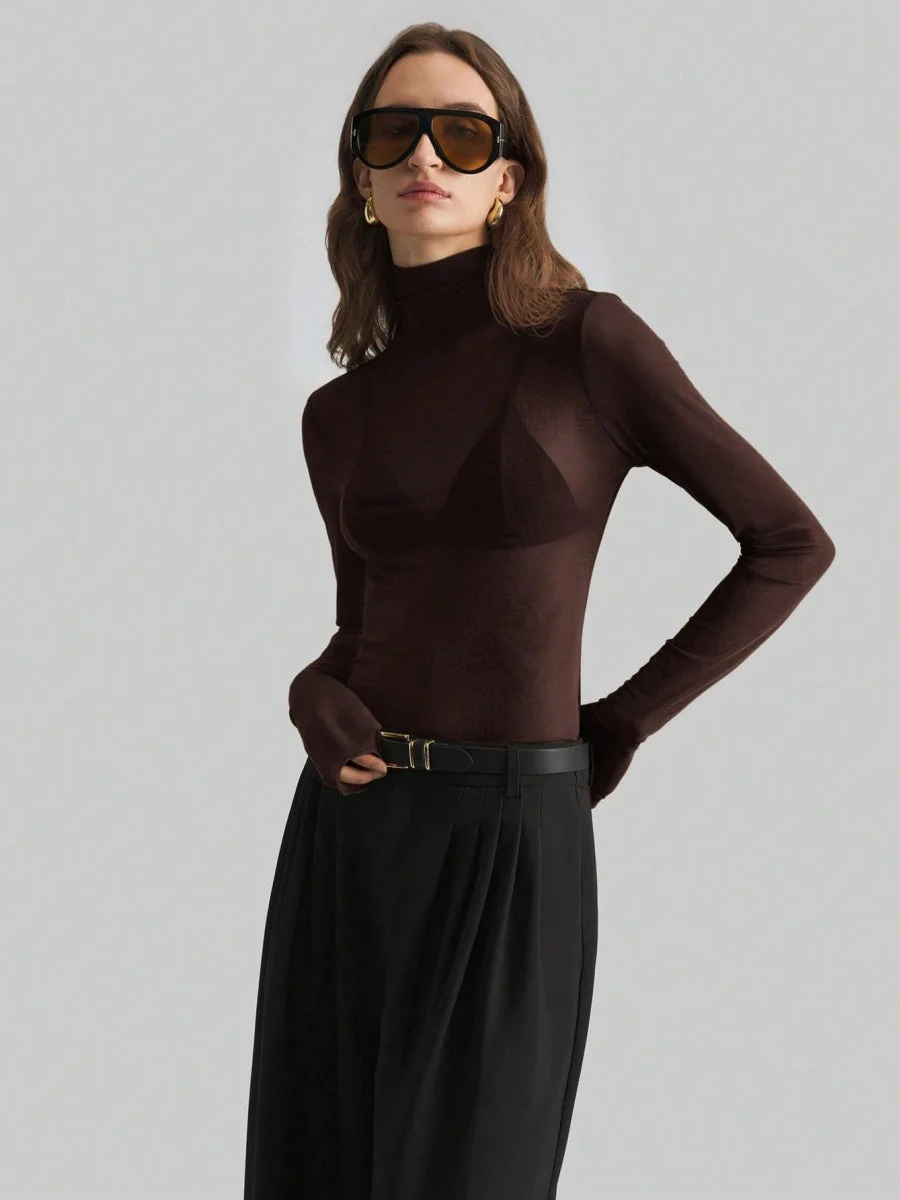Headband Perspective Turtleneck Slim Fit Party And Nightclub Outfits With Mesh/see-through Tops - Image 4