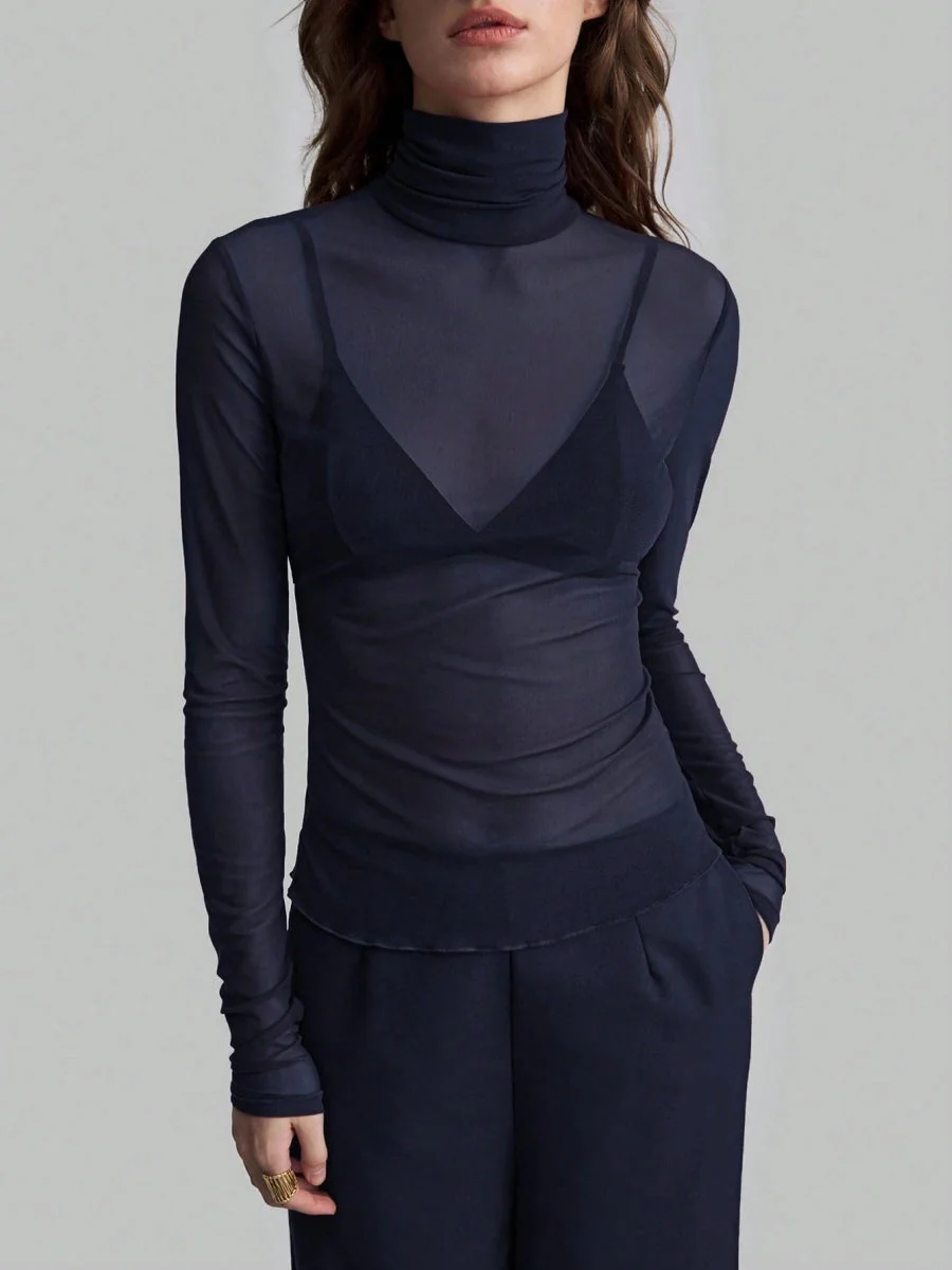 Headband Perspective Turtleneck Slim Fit Party And Nightclub Outfits With Mesh/see-through Tops - Image 6