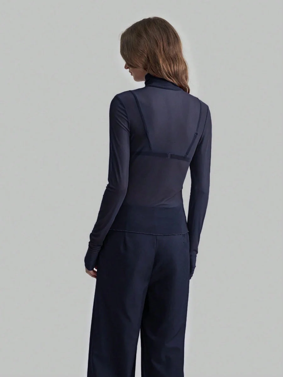 Headband Perspective Turtleneck Slim Fit Party And Nightclub Outfits With Mesh/see-through Tops - Image 7