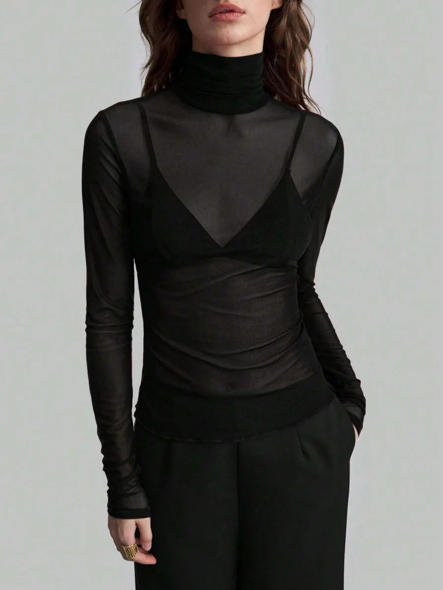 Headband Perspective Turtleneck Slim Fit Party And Nightclub Outfits With Mesh/see-through Tops - Image 8