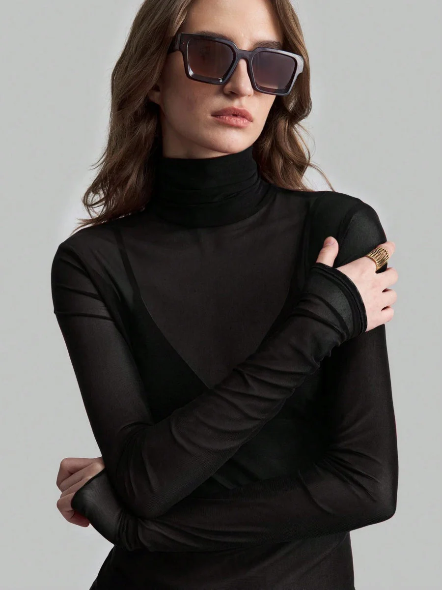 Headband Perspective Turtleneck Slim Fit Party And Nightclub Outfits With Mesh/see-through Tops - Image 9