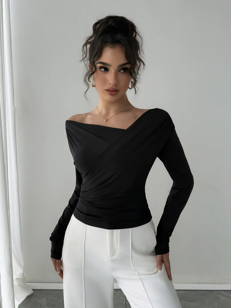 Off-shoulder V-neck Long-sleeved Cross-pleats Slim Fit Everyday T-shirts - Image 2