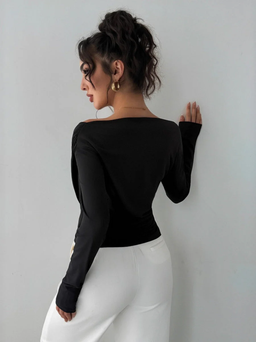 Off-shoulder V-neck Long-sleeved Cross-pleats Slim Fit Everyday T-shirts - Image 3