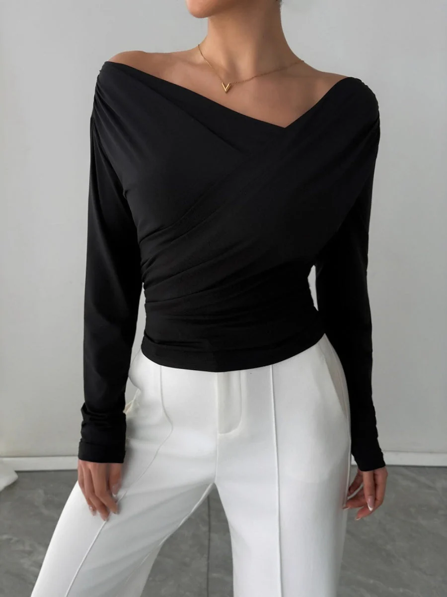 Off-shoulder V-neck Long-sleeved Cross-pleats Slim Fit Everyday T-shirts - Image 4