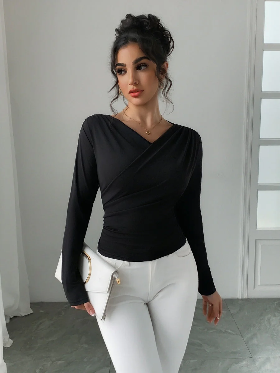 Off-shoulder V-neck Long-sleeved Cross-pleats Slim Fit Everyday T-shirts - Image 5