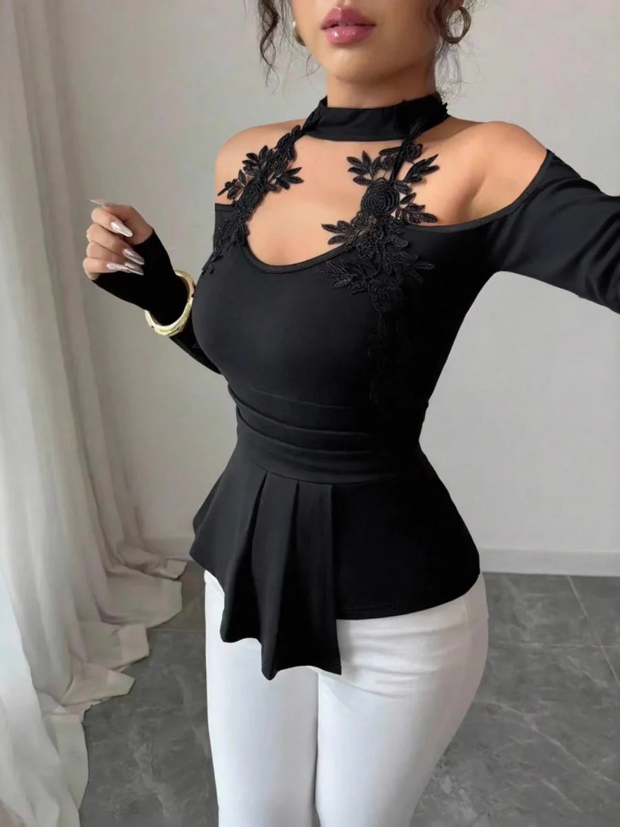 Black Halter Neck Style Off-shoulder Lace Decoration Ruffled Hem Waist Elegant Party Outfit T-shirt - Image 3