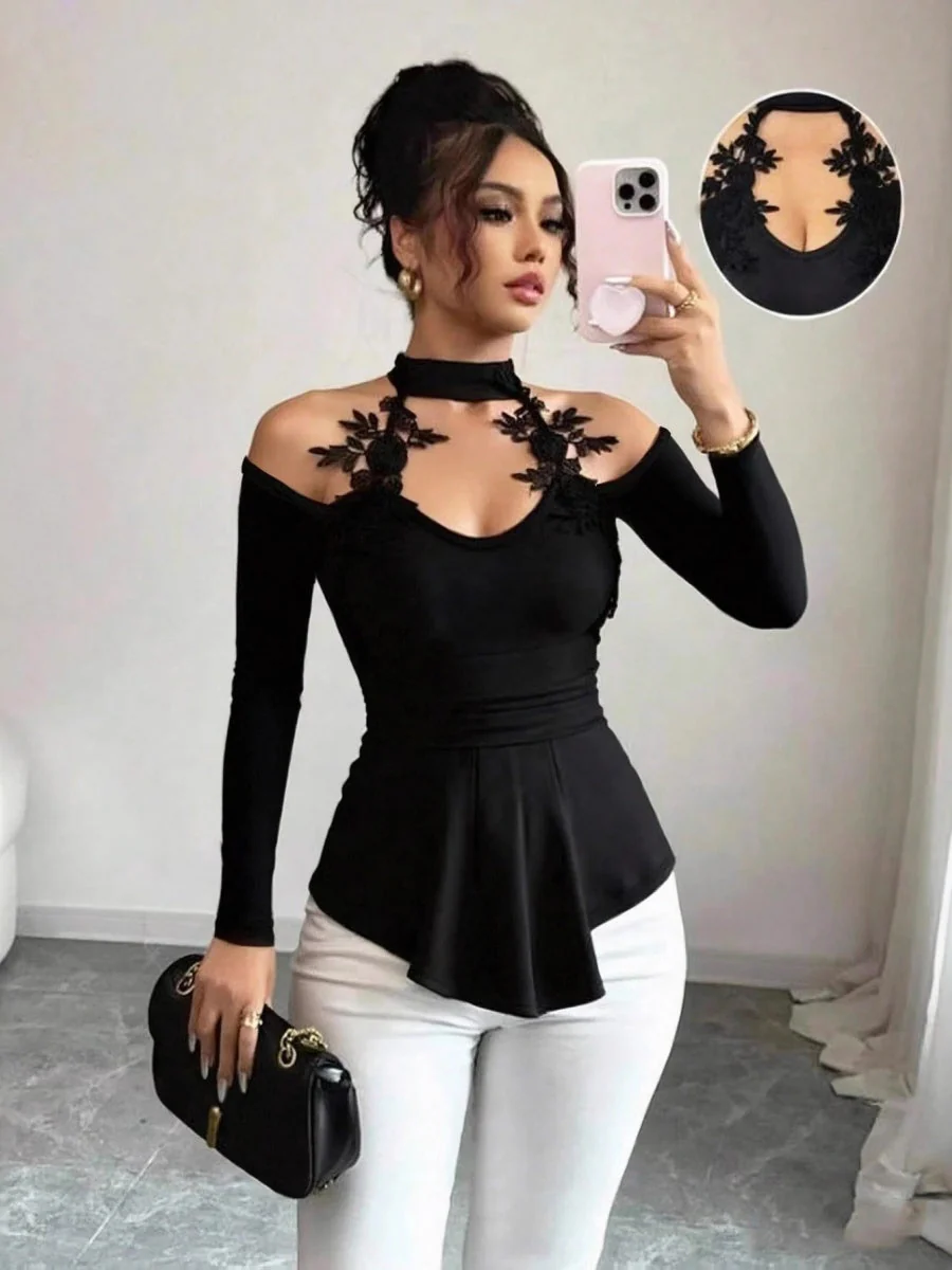 Black Halter Neck Style Off-shoulder Lace Decoration Ruffled Hem Waist Elegant Party Outfit T-shirt - Image 4