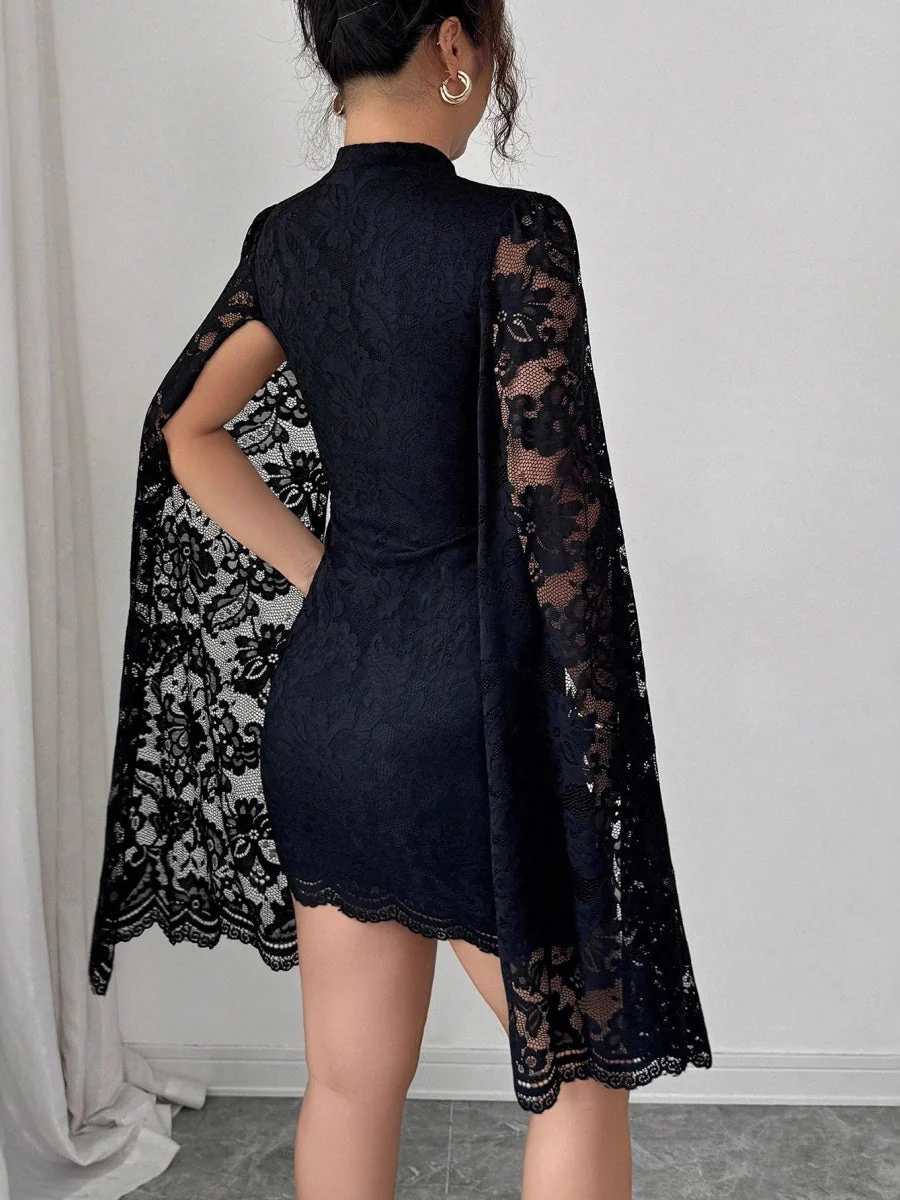 Stand Collar Lace Slit Long Sleeve Dinner Grace Sexy Short Dress - Image 2