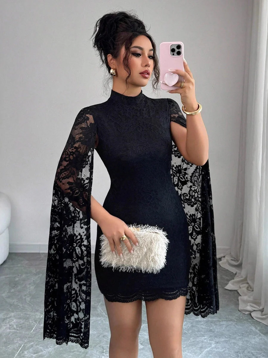 Stand Collar Lace Slit Long Sleeve Dinner Grace Sexy Short Dress - Image 3