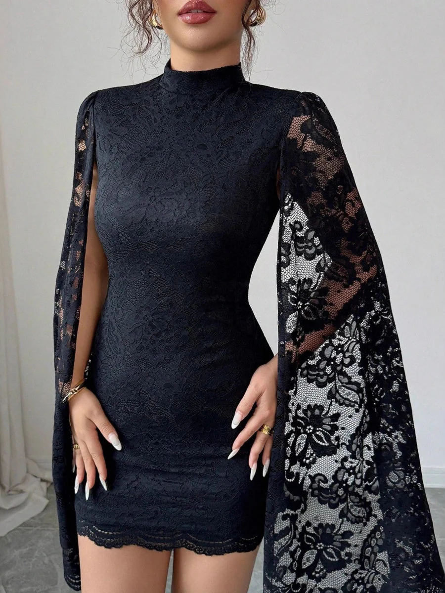 Stand Collar Lace Slit Long Sleeve Dinner Grace Sexy Short Dress - Image 4
