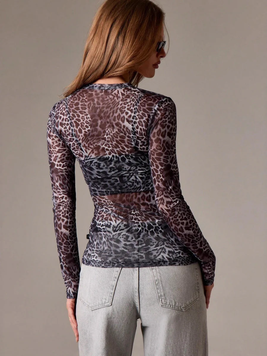 Pullover Mesh Round Neck Leopard Printed Slim Fit Slimming T-shirt Mesh/sheer Top - Image 2