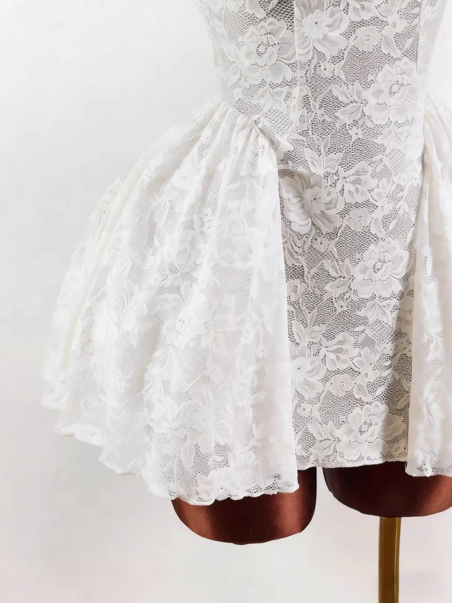 Square Collar Waist Bud Puff Lace Mini&Short Dresses - Image 3