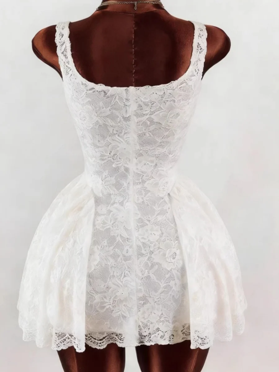 Square Collar Waist Bud Puff Lace Mini&Short Dresses - Image 4