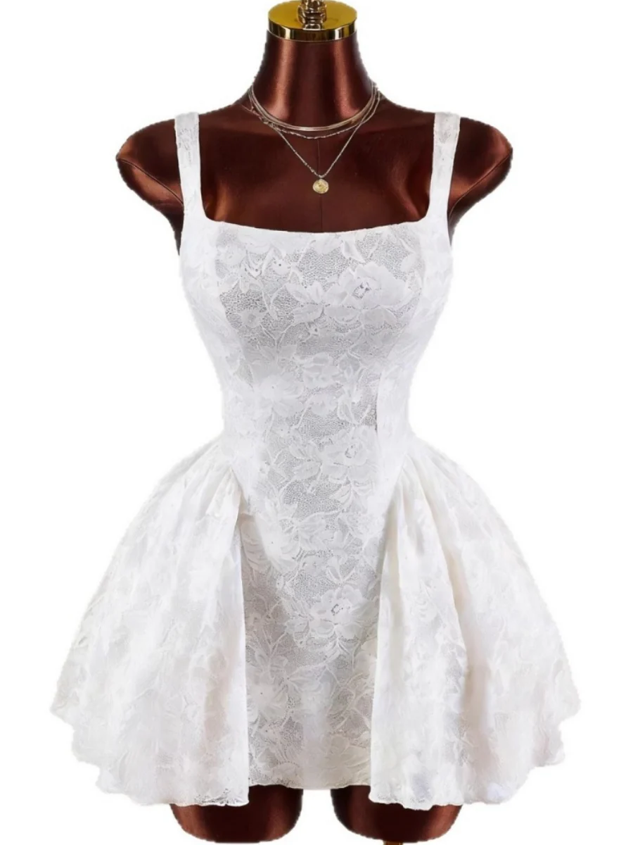 Square Collar Waist Bud Puff Lace Mini&Short Dresses - Image 5