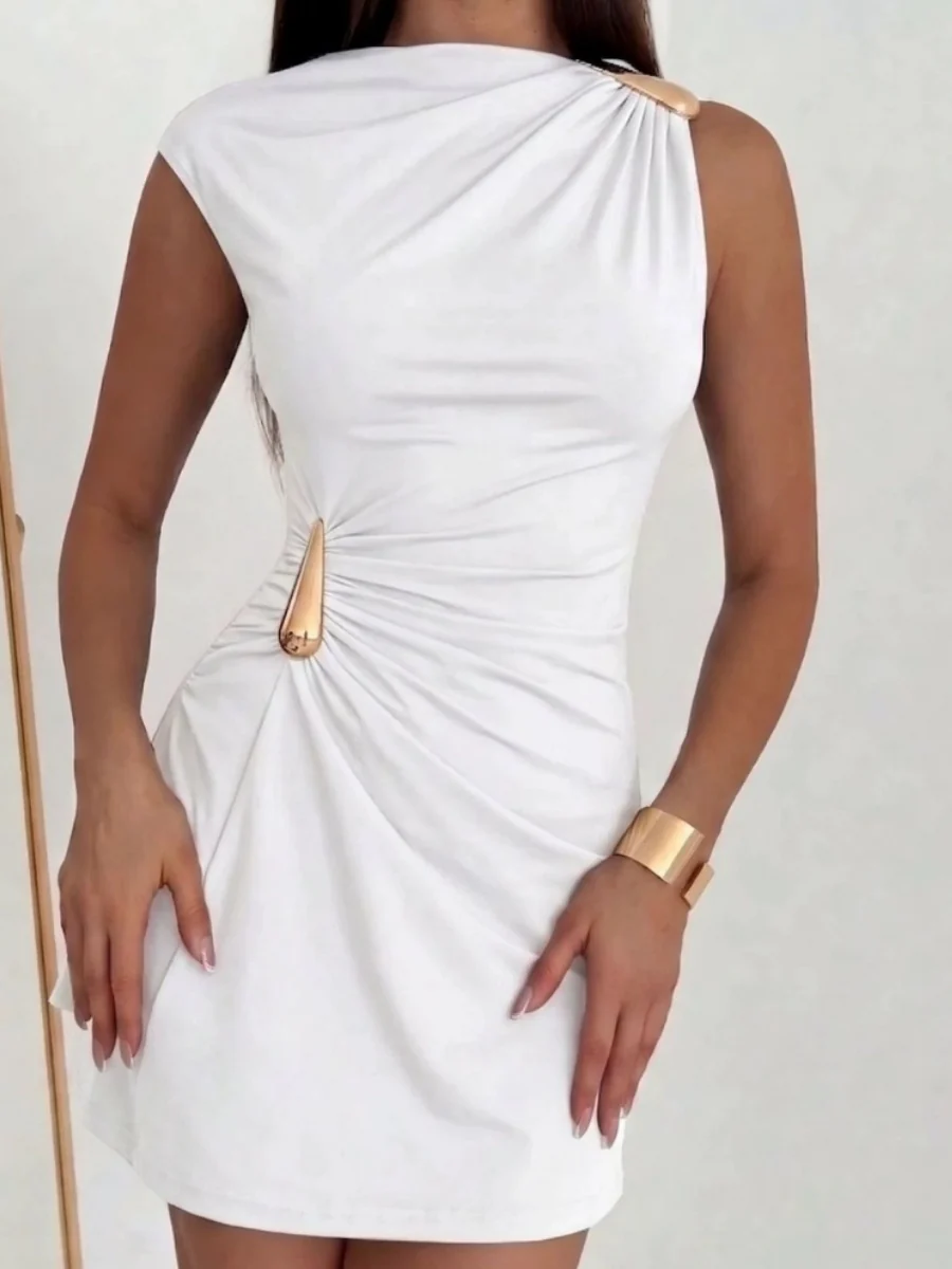 Metal Buckle Pleated Slim-fit Hip-hugging Mini&Short Dresses - Image 6