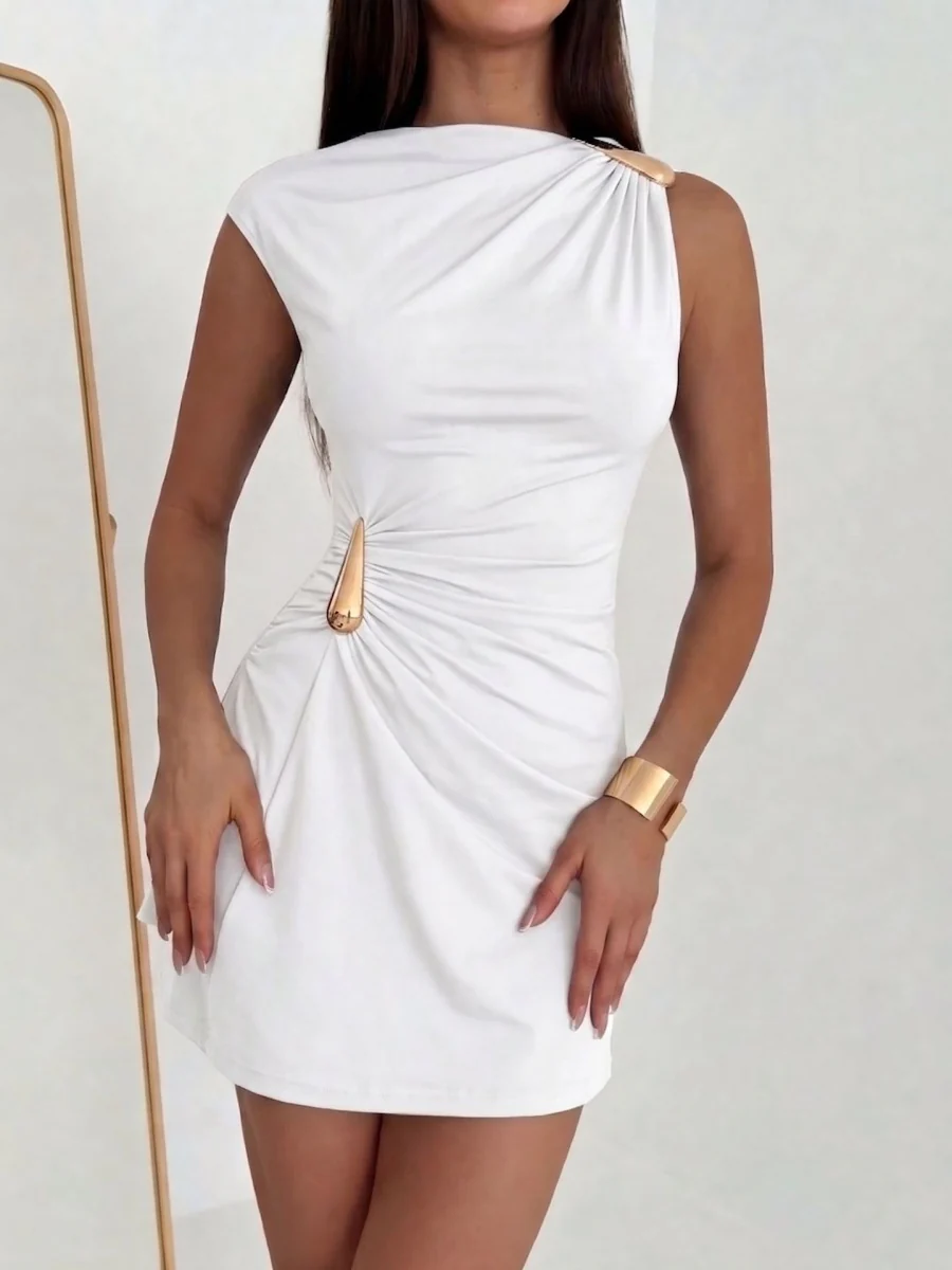 Metal Buckle Pleated Slim-fit Hip-hugging Mini&Short Dresses - Image 7