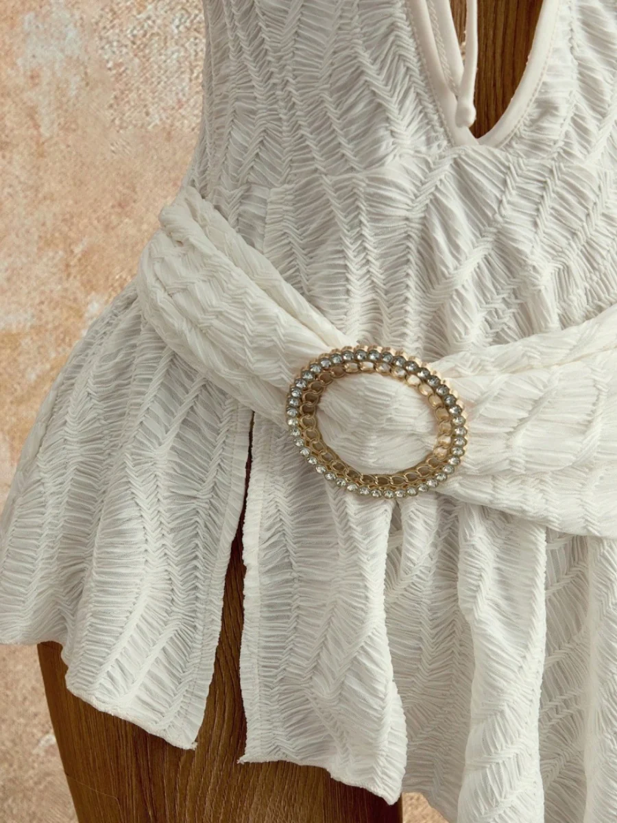 White Textured Fabric Halter Deep V Bandage Irregular Sexy Mini&Short Dresses - Image 5