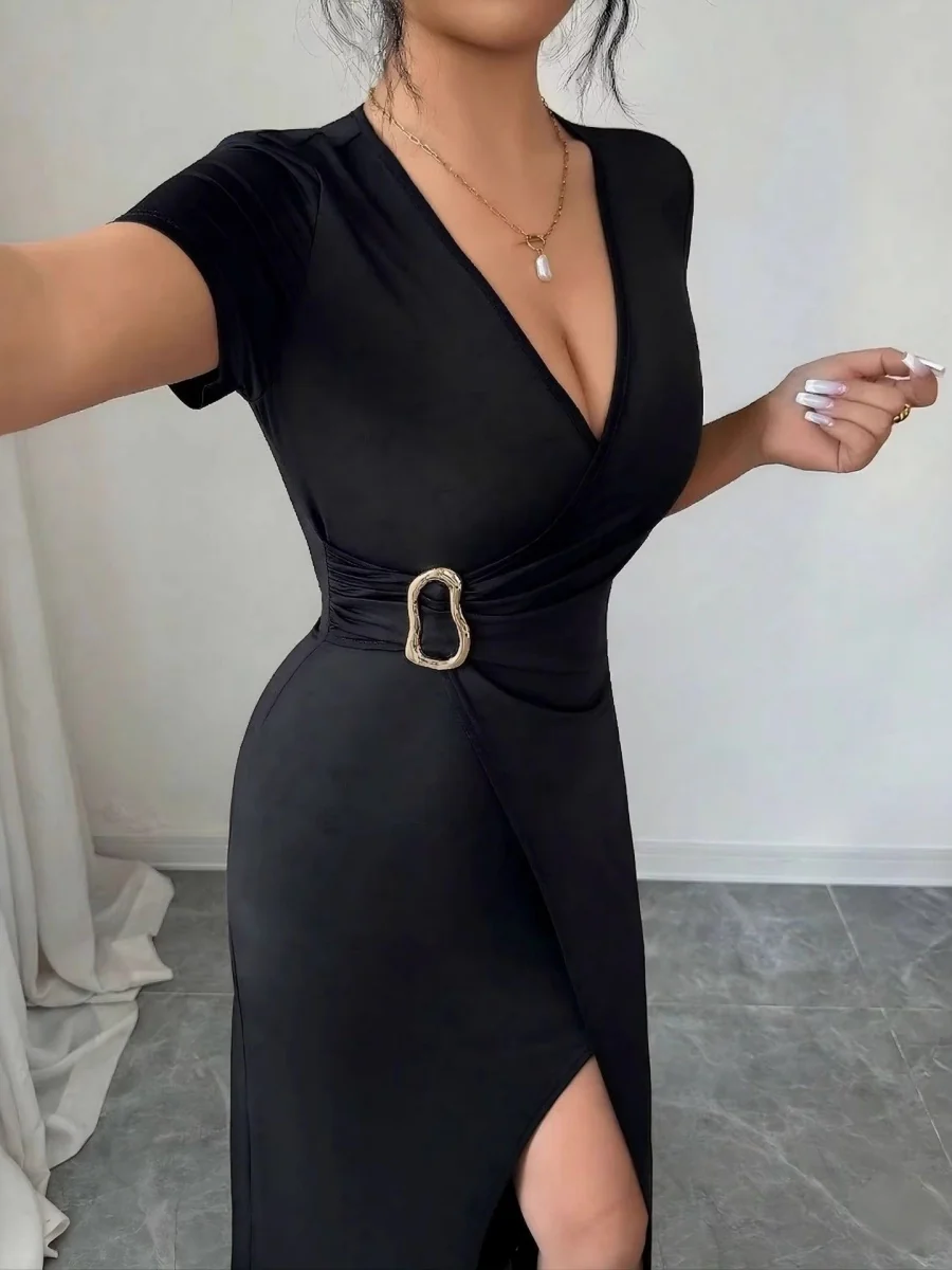 V-neck Cross Metal Buckle Pleated Slit Maxi Dresses - Image 3
