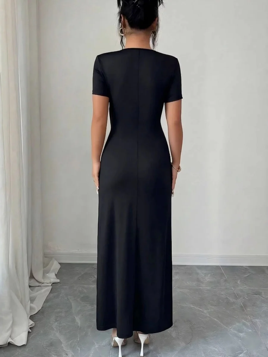 V-neck Cross Metal Buckle Pleated Slit Maxi Dresses - Image 4