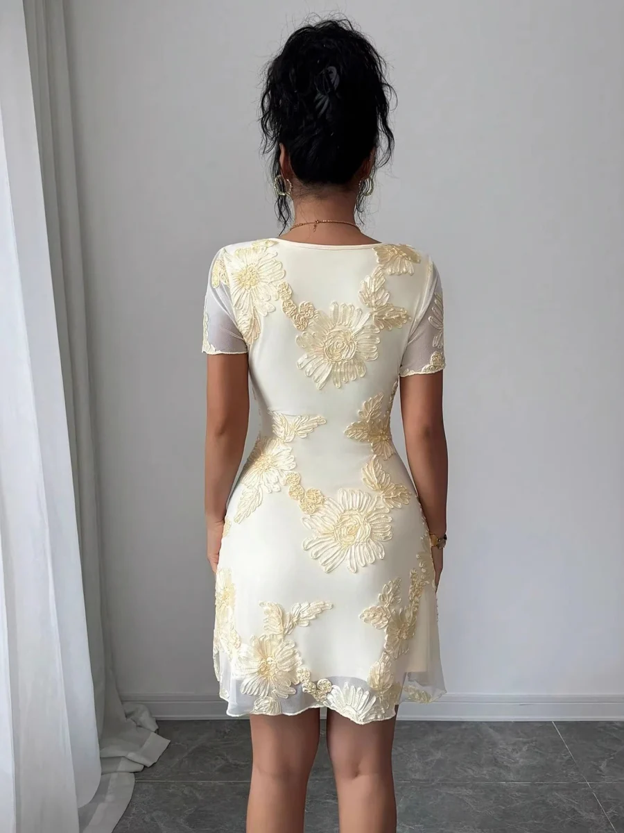 Mesh Embroidery Square Collar Mini&Short Dresses - Image 2