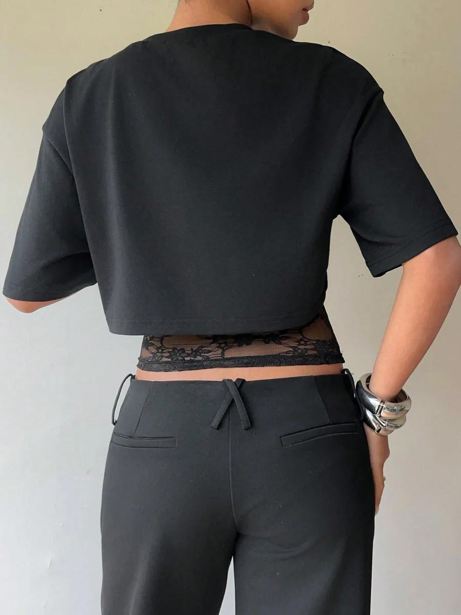 Layered-look Lace Splicing Slim-fit Hollow Sexy Short Sleeve T-shirts - Image 2
