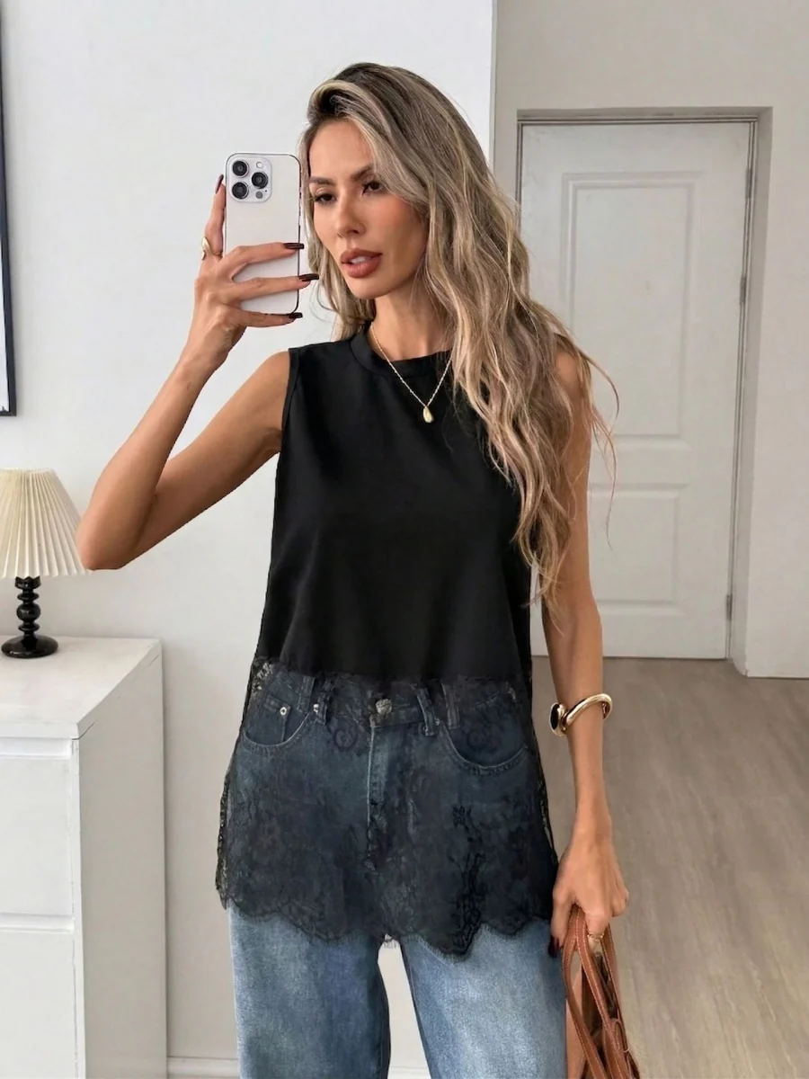 Black Sleeveless Lace Splicing Tank Tops - Image 5