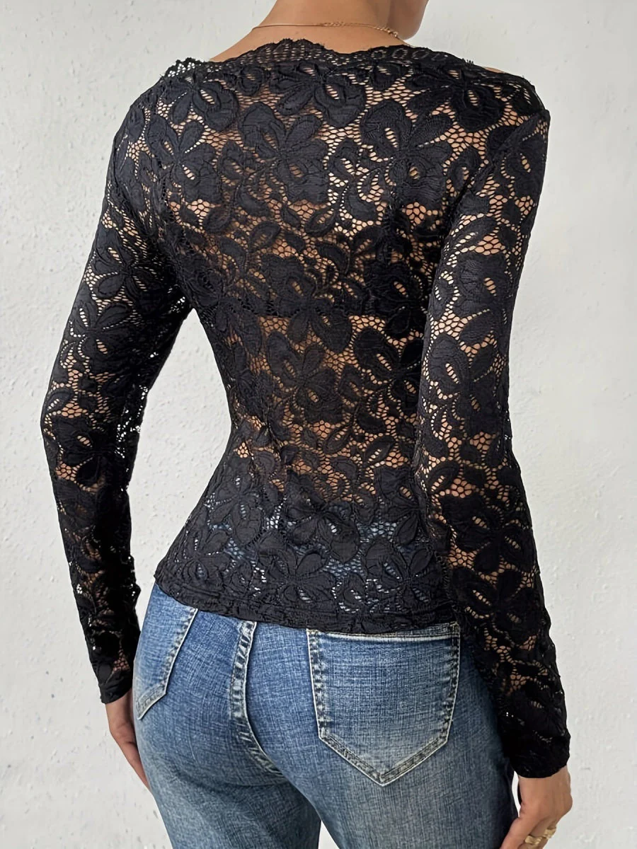 Lace Irregular Trim One-shoulder Tops - Image 2