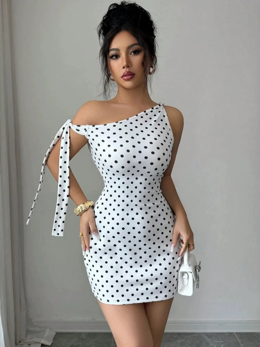 Retro Polka Dots Sloping Shoulders Bandage Hip-hugging Mini&Short Dresses - Image 3