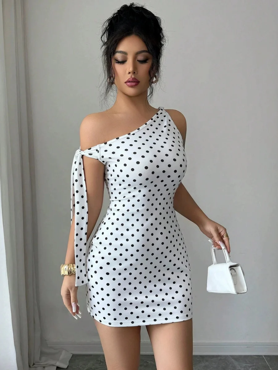 Retro Polka Dots Sloping Shoulders Bandage Hip-hugging Mini&Short Dresses - Image 4