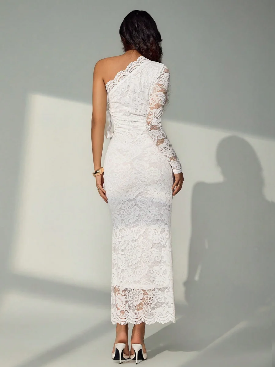 Lace Hollow Asymmetrical Sloping Shoulders Hip-hugging Formal Dress Maxi Dresses - Image 2