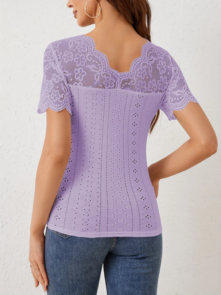 Lace T-shirts V-neck Sheer Tops - Image 10