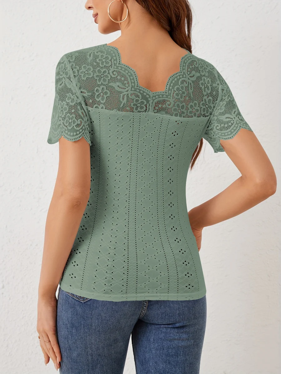 Lace T-shirts V-neck Sheer Tops - Image 12