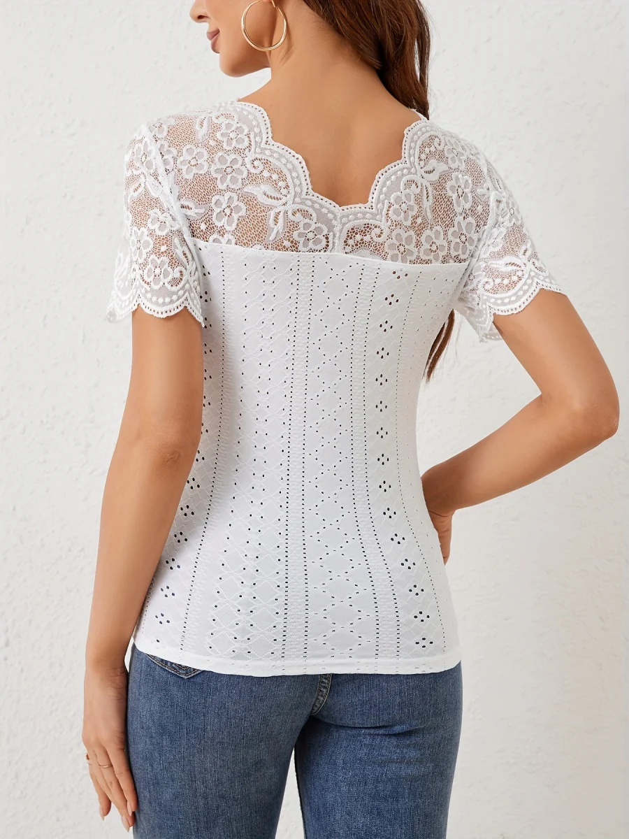 Lace T-shirts V-neck Sheer Tops - Image 2