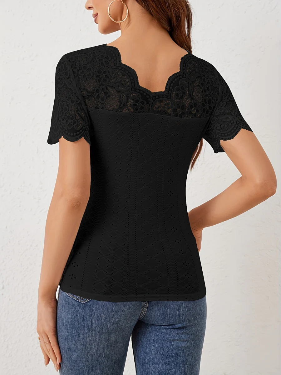 Lace T-shirts V-neck Sheer Tops - Image 4