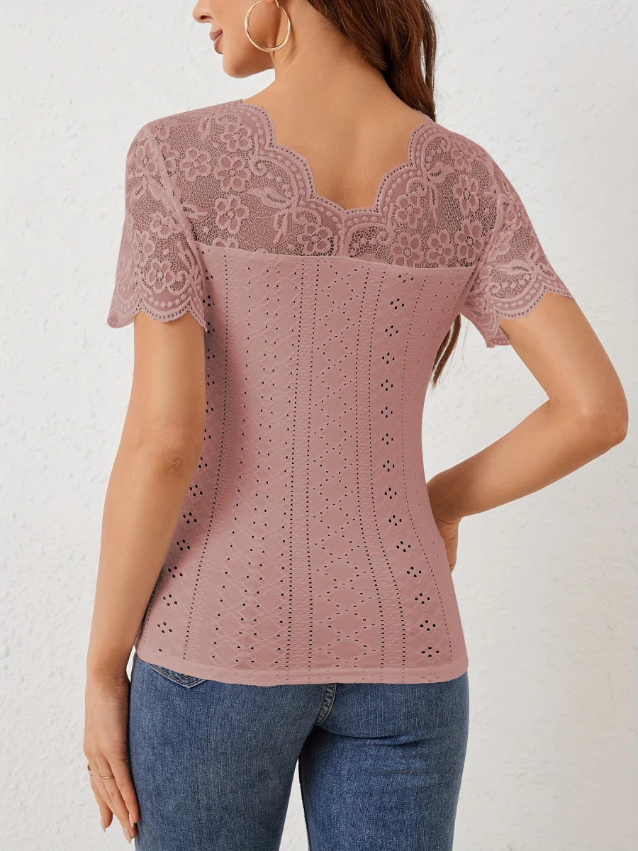 Lace T-shirts V-neck Sheer Tops - Image 6
