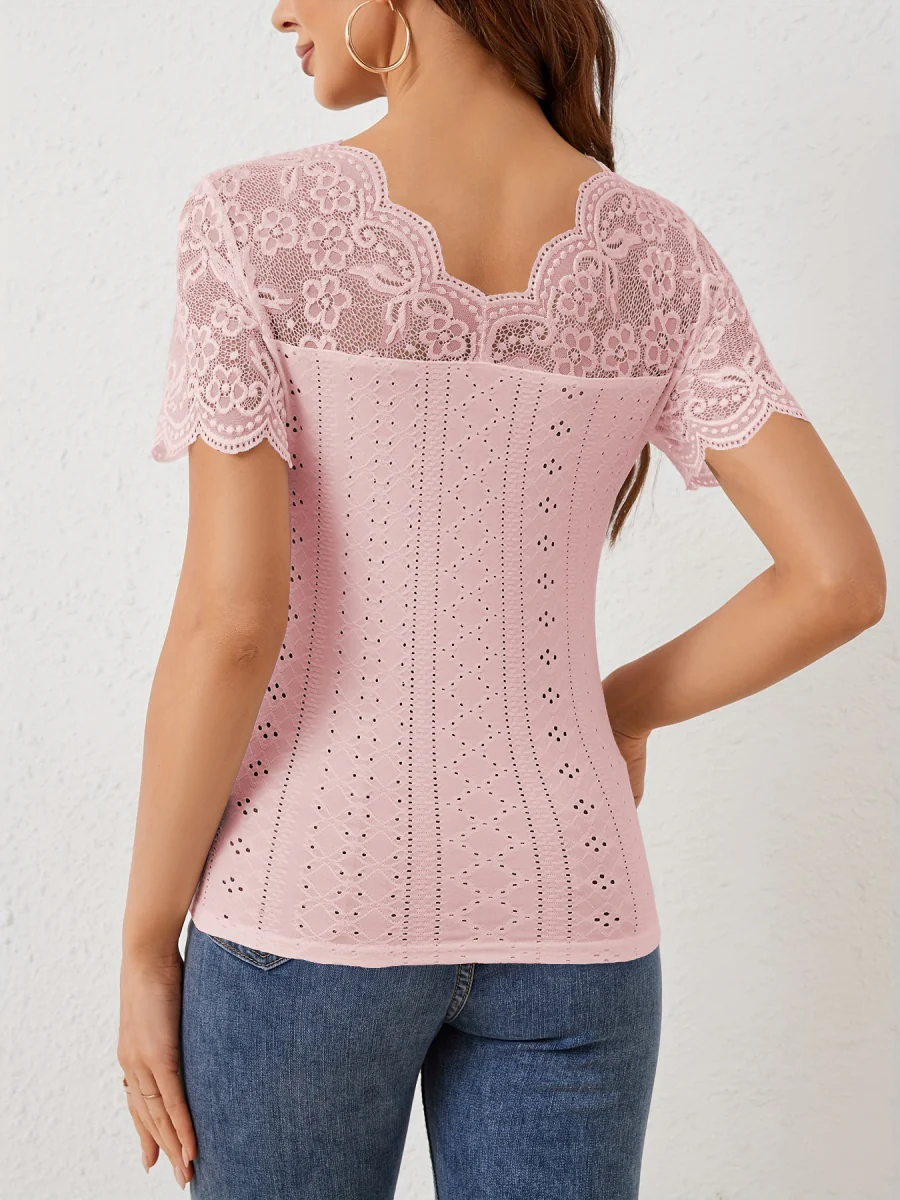 Lace T-shirts V-neck Sheer Tops - Image 8