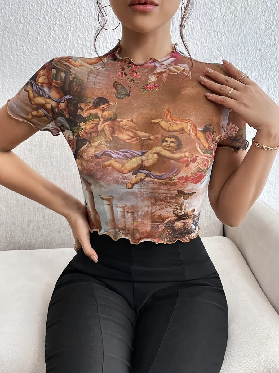 Printed Short Sleeve Mesh Sheer Tops - Image 10