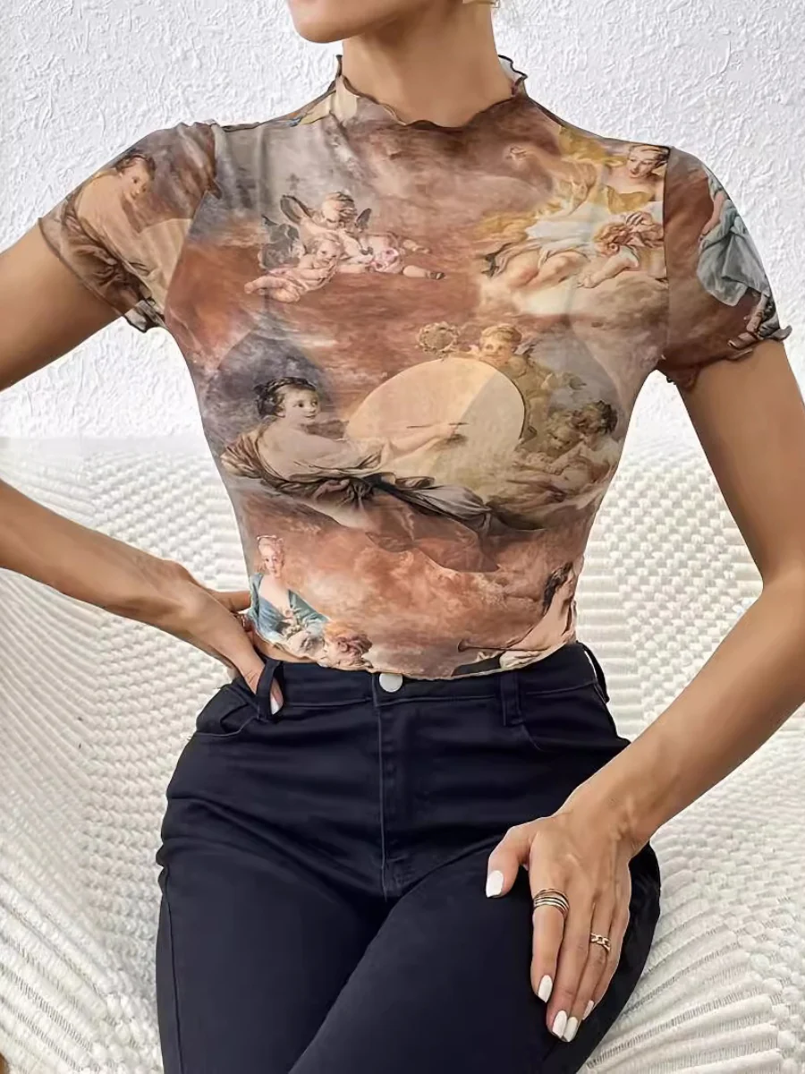 Printed Short Sleeve Mesh Sheer Tops - Image 3