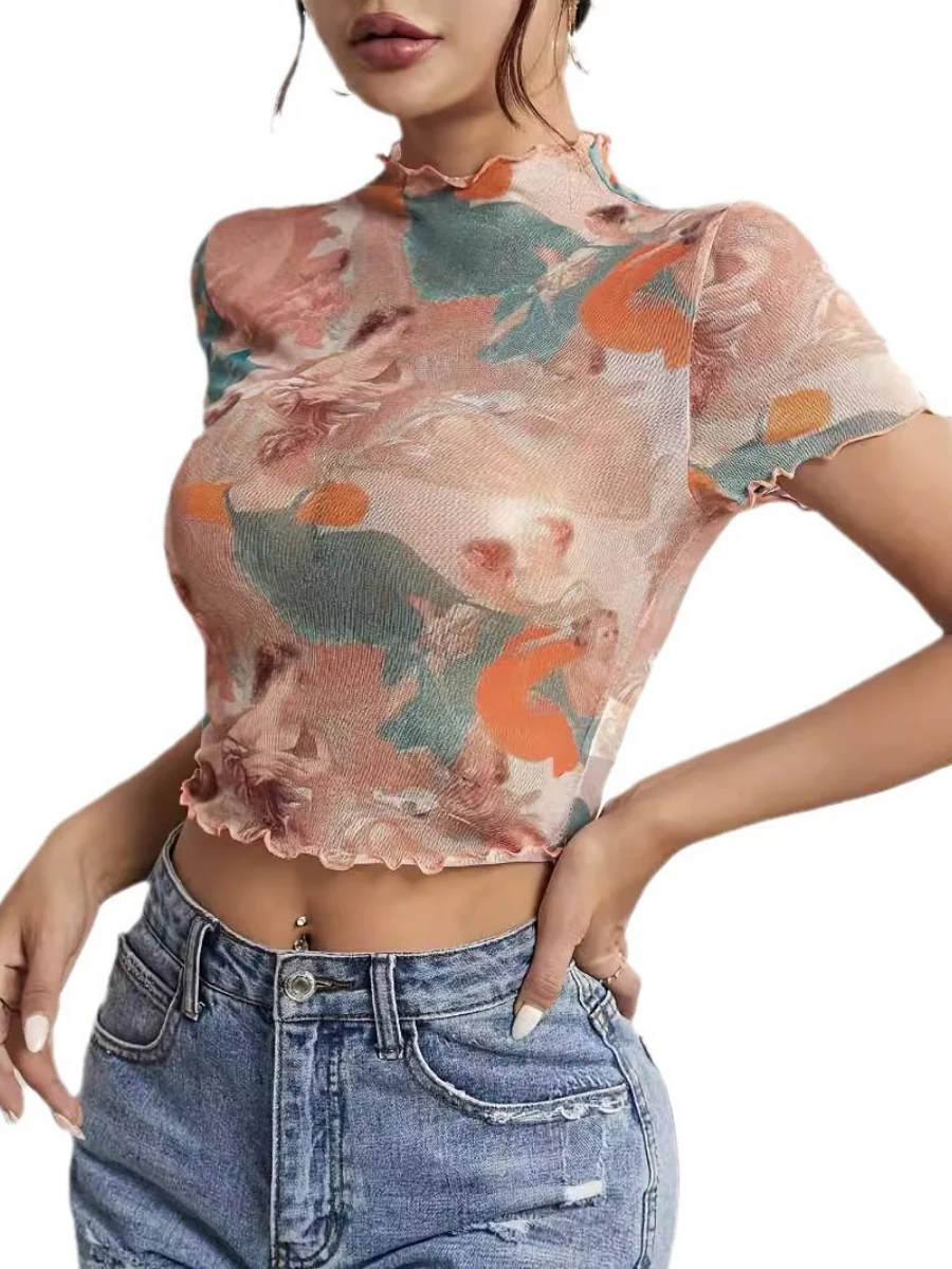 Printed Short Sleeve Mesh Sheer Tops - Image 5