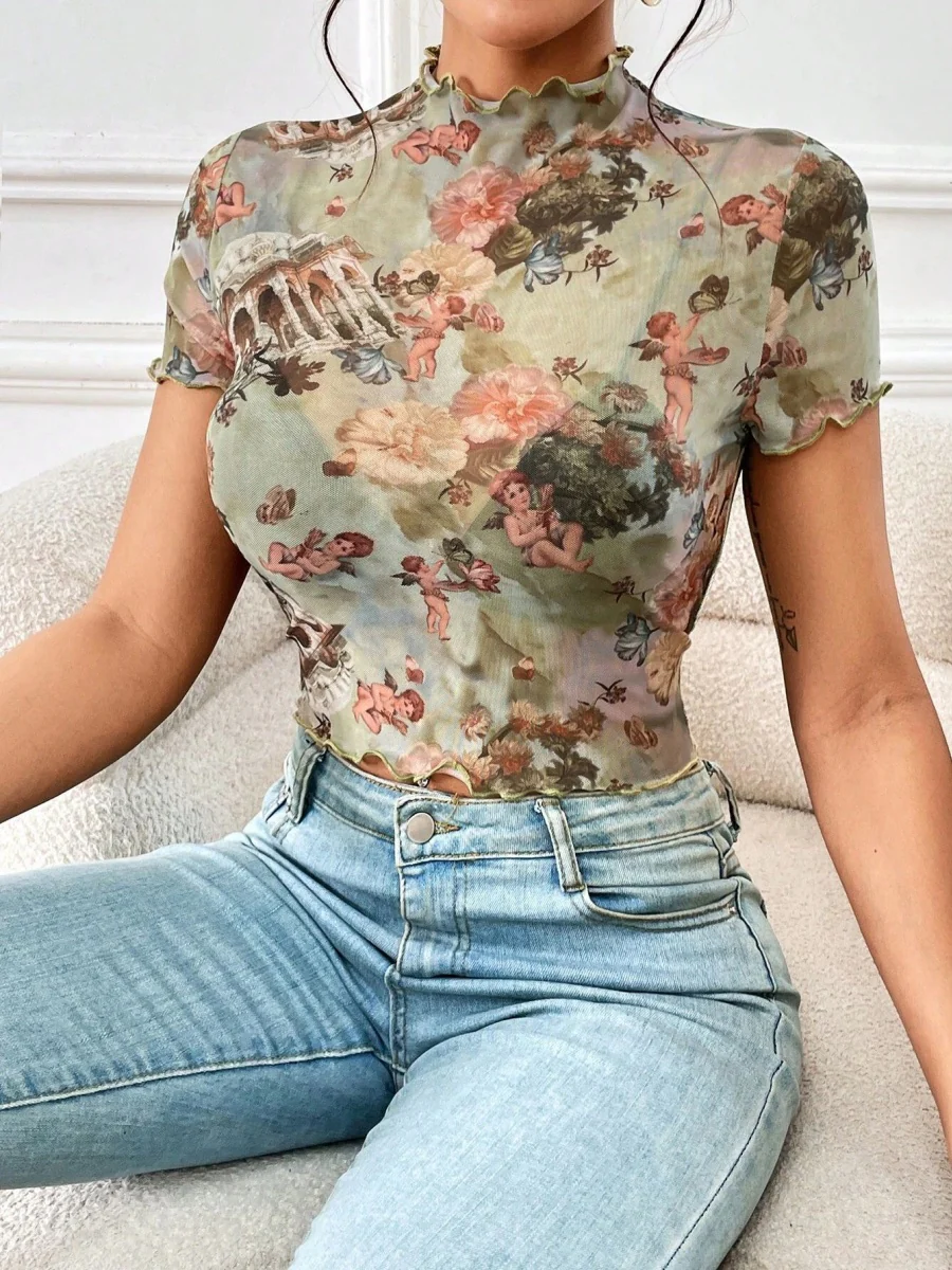 Printed Short Sleeve Mesh Sheer Tops - Image 6