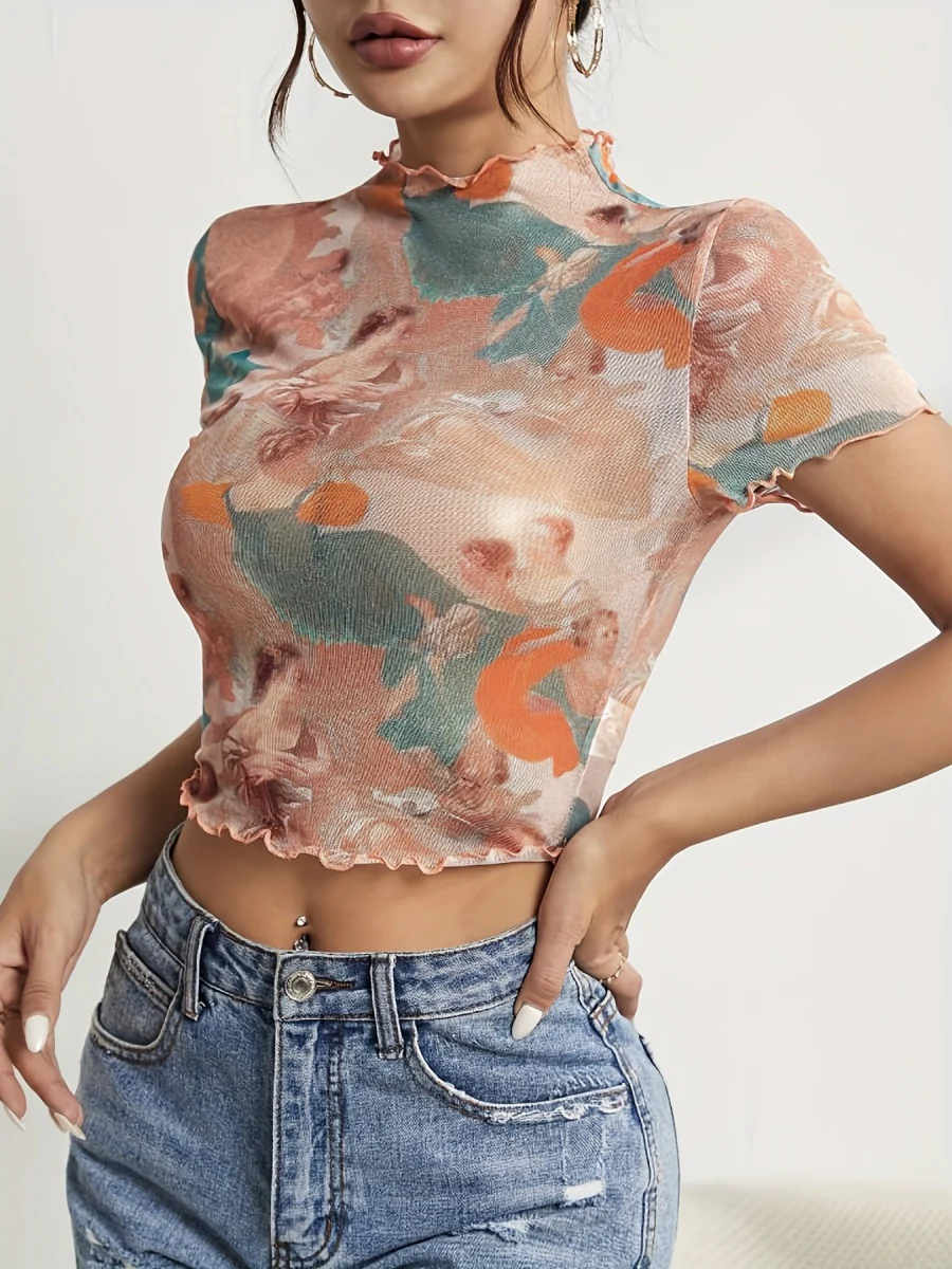 Printed Short Sleeve Mesh Sheer Tops - Image 7